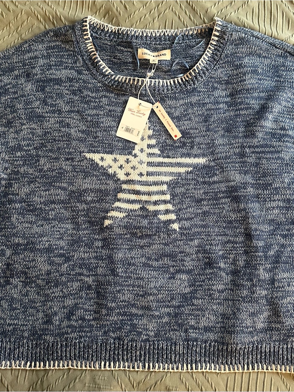 Lucky Brand Blue and Cream Marled Knit Pullover